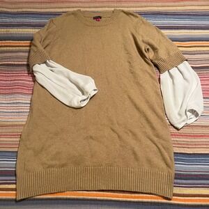 Vince Camuto Tan Knit Sweater Dress‎ Sheer Balloon Sleeve Women's Size L